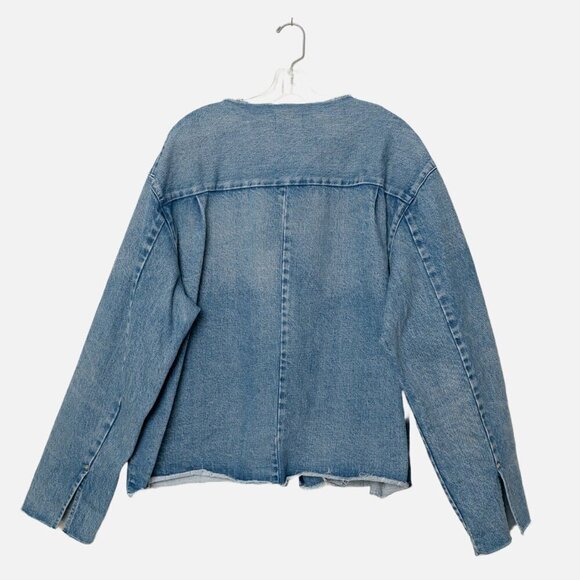 TANAKA Denim Work Jacket No Collar Raw Hem Zip Blue Mid Washed Unisex - Picture 2 of 13